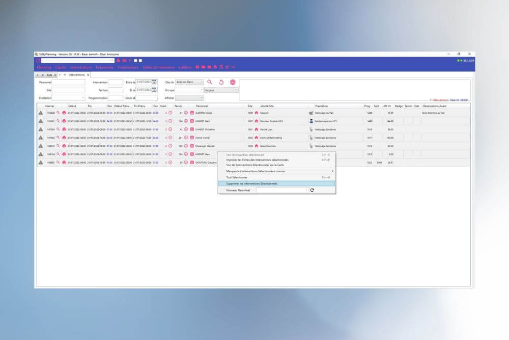 Suppression d’une sélection d’interventions